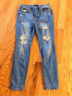 Judy Blue Distressed Blue Skinny Jeans with Yellow Patch Accents
